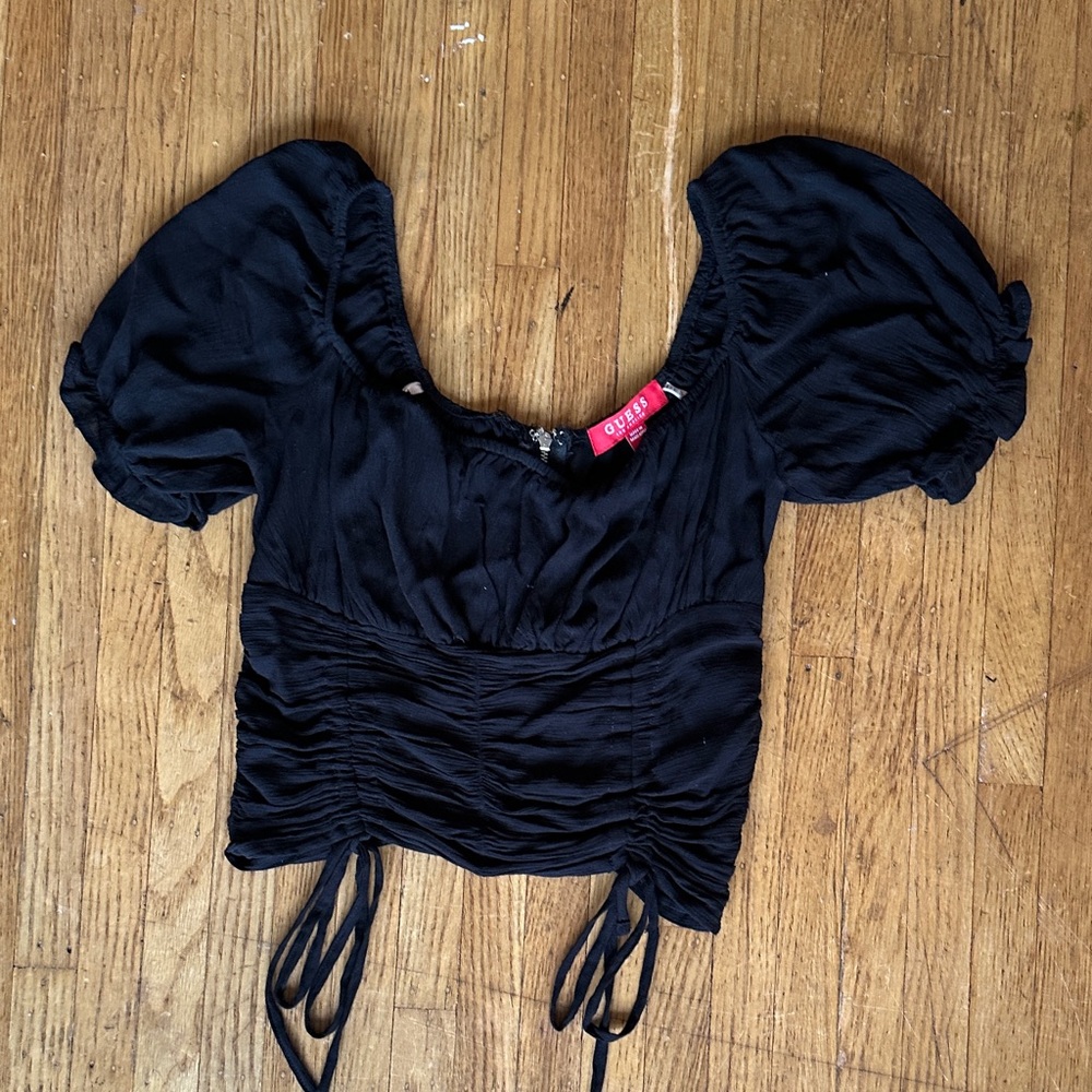 Guess Black Ruched Puff-Sleeve Drawstring Crop Top